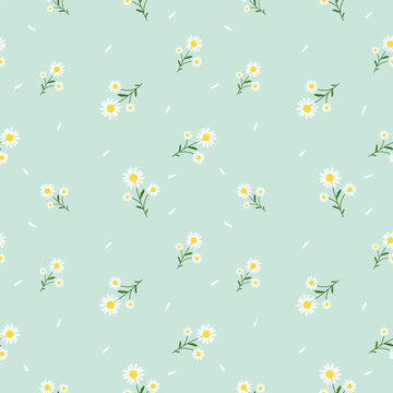 Cute Daisy Flower Ditsy Floral Seamless Pattern Background. Small Chamomile Blossom Texture Backdrop for Spring Summer Fabric Textile, and Gift Wrapping Paper. Vector Illustration