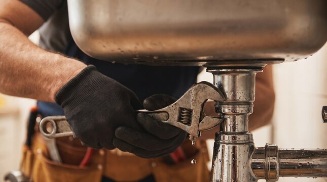 Primer plano de las manos de un fontanero con guantes usando una llave inglesa para reparar una fuga de agua en la tuber&iacute;a del fregadero