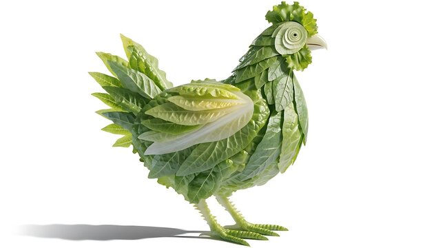 Vegetarian or vegan chicken chick made out of lettuce cut out White background with shadow. AI GENERATED.