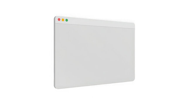 Minimalist browser window floats in perspective view showing a simple grey layout with three colored dots.