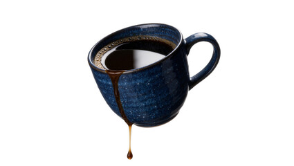 Dark blue speckled ceramic mug filled with hot coffee dripping liquid, isolated on transparent...