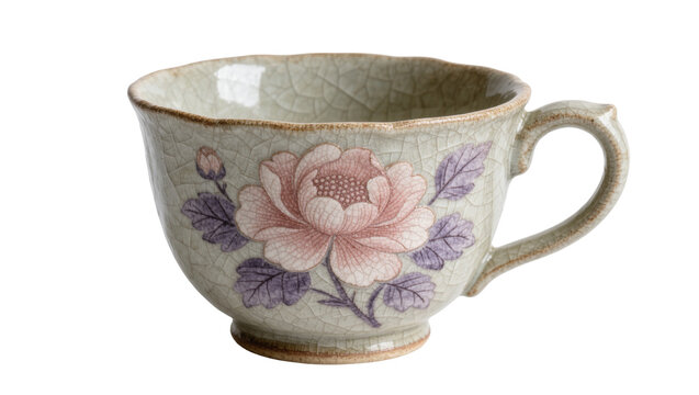 Cracked glaze ceramic teacup with pink peony flower design, isolated on transparent background