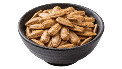 Fototapeta premium Roasted salted sunflower seeds in a dark bowl, isolated on transparent background