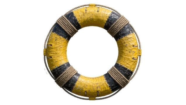 Yellow and black striped life preserver ring with rope, isolated on transparent background