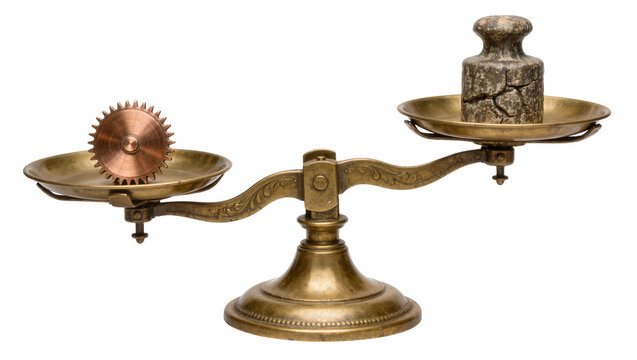 Antique brass balance scale with copper gear on one pan cracked stone weight on other, isolated on transparent background