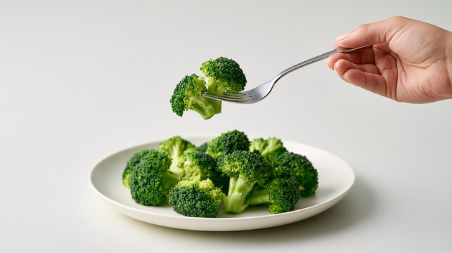 Woman holding broccoli on fork above pla 2