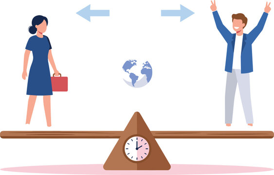 Man and woman balancing on seesaw scale representing work life balance and time management vector
