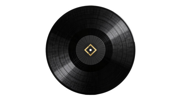 Black vinyl record with golden center label, isolated on transparent background