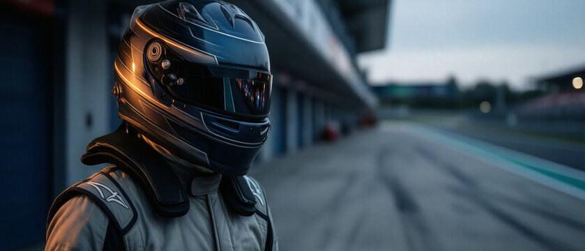 High-fashion racing driver in architectural pit lane
