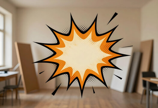 Announcement and marketing promotion, comic book style speech bubble with copy space for advertising message in a blurred office interior background