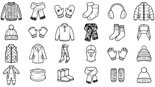 Set of winter clothes icons for cold weather including jackets scarves gloves and warm wool hats