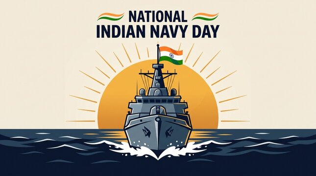 Indian navy warship sailing at sunset with national flag