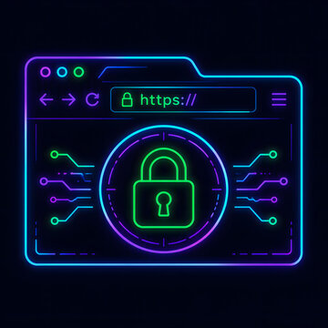 Cyberpunk neon secure web browser address bar with padlock cyber security HTTPS encryption illustration