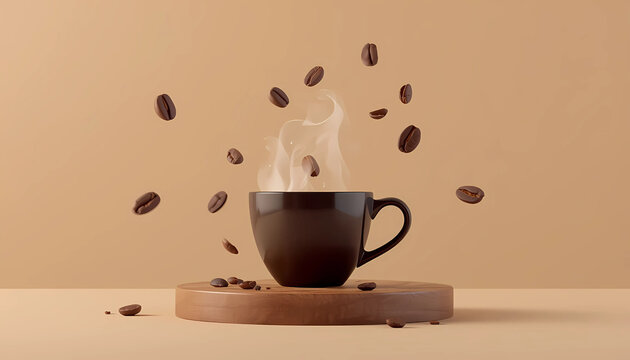 Steaming cup of hot coffee with coffee beans floating in midair on wood pedestal morning coffee roast coffee brewed coffee break wooden pedestal