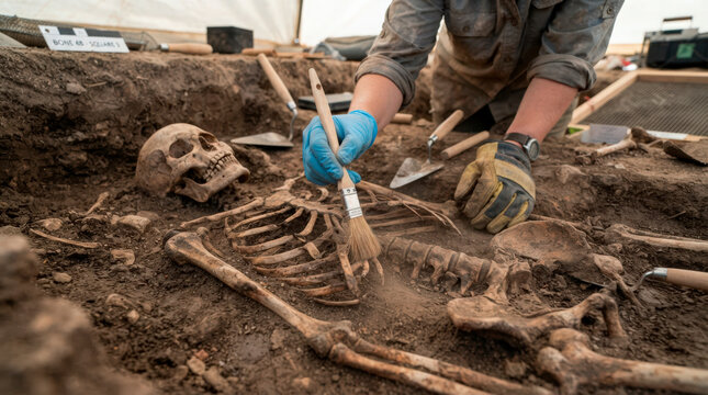 Archaeologist carefully excavating skeletal remains at excavation site. Archaeological process involves cleaning soil around skeletal structure with brush to unearth historical artifacts and bones.