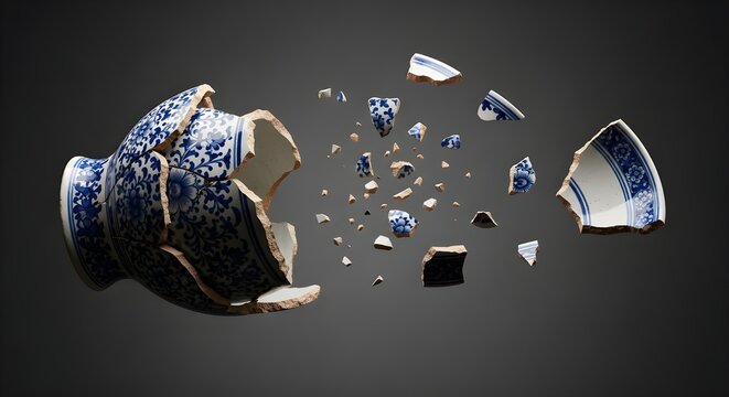 Shattered Glass Sphere Explosion with Reflective Fragments in Dark Space