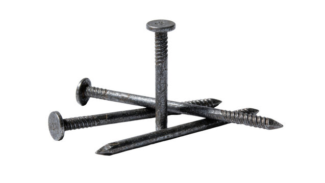 Group of metal construction nails with textured shafts, isolated on transparent background