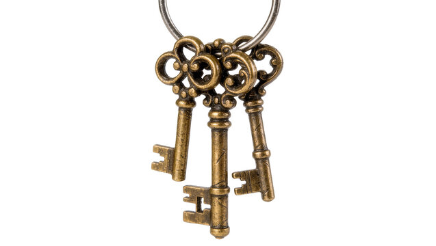 Ornate antique brass keys on a metal ring, isolated on transparent background