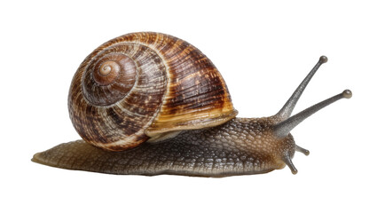 Brown spiral shell snail with textured body, isolated on transparent background © Mia