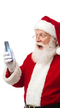 Santa claus wearing traditional red suit and hat looking excited while checking smartphone display with mobile phone