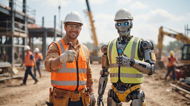 Construction worker and robot give thumbs up at building site with heavy machinery in background