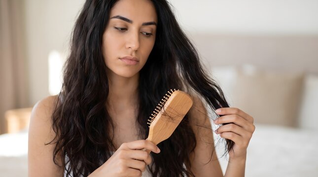 Young woman brushing her long dark curly hair with a wooden hairbrush in bedroom hair care beauty routine morning routine brunette woman