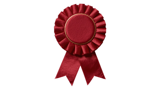 Crimson red rosette award ribbon with gold trim, isolated on transparent background