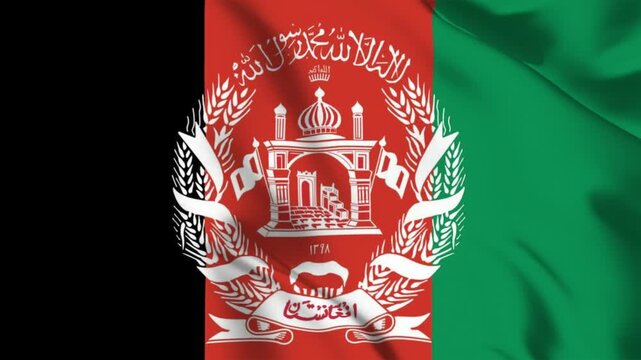 Waving flag of Afghanistan featuring black red and green vertical stripes with the national emblem in the center