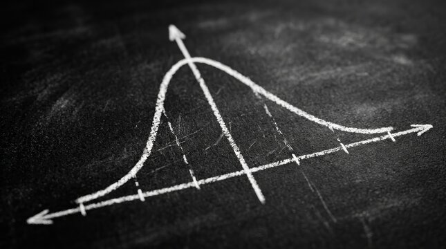 Statistical data analysis featuring a hand-drawn bell curve and coordinate axes on a blackboard.