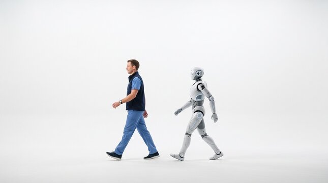 Man in scrubs and humanoid robot walking side by side on white background representing future healthcare