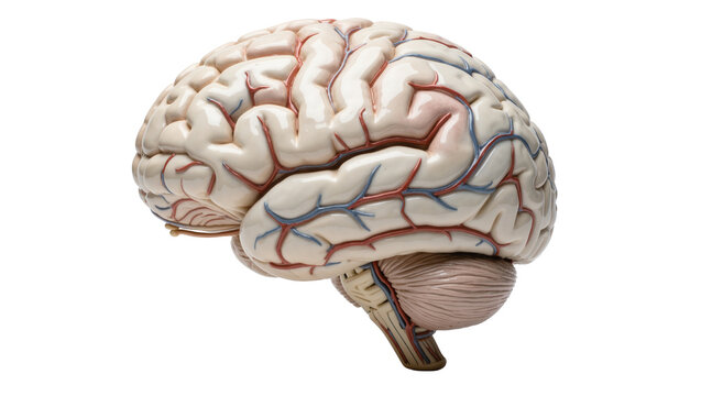 Detailed human brain model with visible arteries and veins, isolated on transparent background
