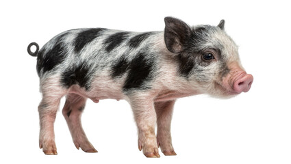 Spotted piglet with black and white patches, isolated on transparent background © Mia