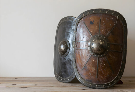 Security and protection concept two antique metal shields on a wooden table defense historical warfare and medieval military equipment