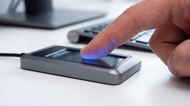 Finger pressing touching biometric reader scanner authentication identification access security technology verification digital process