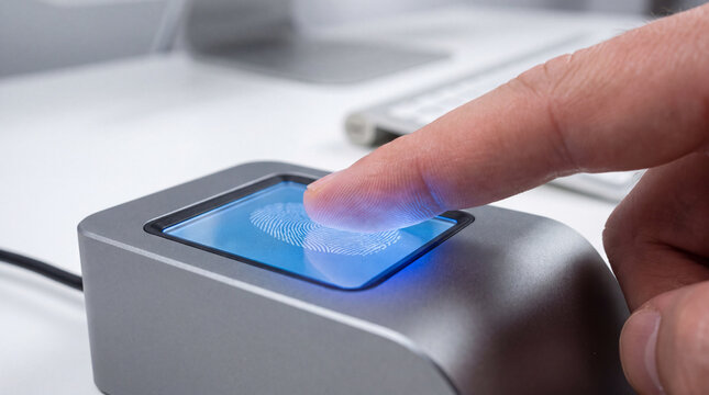 Finger touching biometric reader, secure authentication process, confident person verifying identity with modern technology, blue light glow