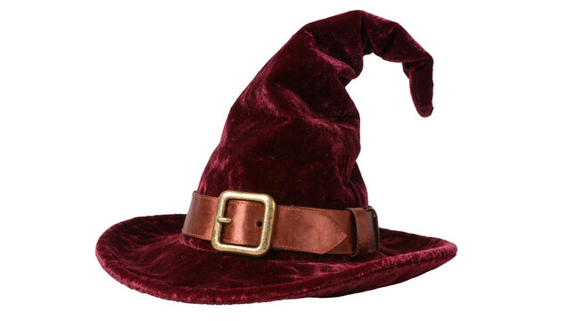 Deep red velvet witch hat with brown leather band and brass buckle, isolated on transparent background