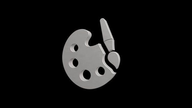 Rotating silver palette and paintbrush icon 3d illustration on black background.