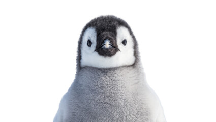 Fluffy emperor penguin chick with dark grey and white down, isolated on transparent background © Mia