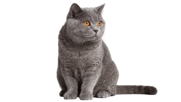 Plump British Shorthair cat with orange eyes sitting attentively, isolated on transparent background