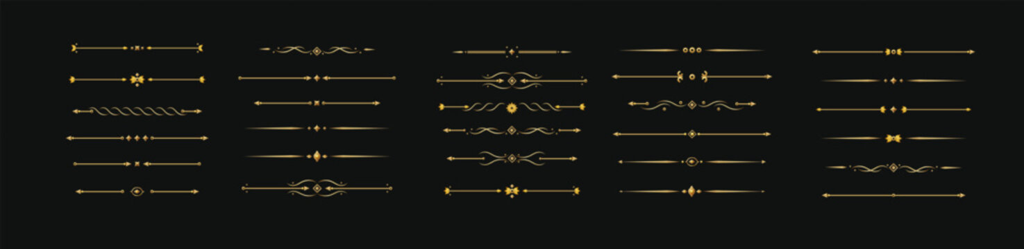 Elegant gold divider with ornate flourishes and vintage luxury details. Perfect decorative border element for premium invitations and classic design projects. Vector