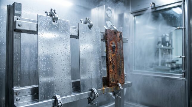 Coated metal panels being tested for corrosion resistance in a controlled salt spray environment.