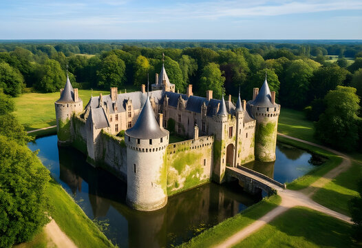 Heritage tourism and historical travel, medieval castle with stone towers and moat surrounded by lush green forest in a peaceful countryside landscape