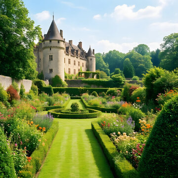 Heritage tourism and luxury travel, historic medieval castle with formal garden and manicured lawn in the countryside during a sunny summer afternoon