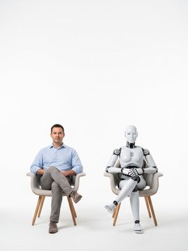 Man and humanoid robot sitting in chairs side by side on white background
