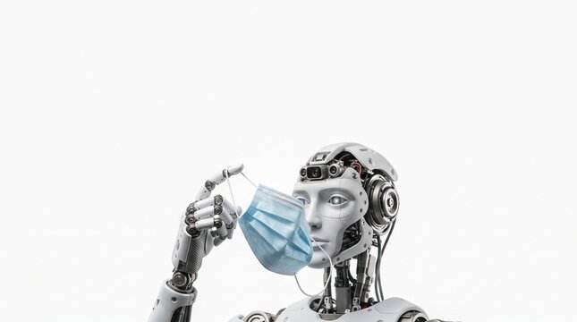 Advanced humanoid robot with realistic face and mechanical body holding a blue surgical face mask for protection against viruses