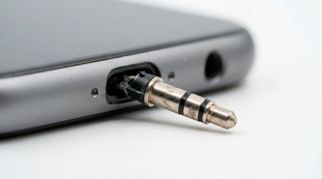 Smartphone audio jack connection with headphone plug inserted into mobile device. Close-up view of phone showing audio interface and headphone jack detail in modern design.