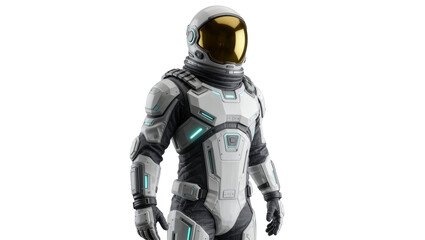 Futuristic astronaut in white and grey suit with golden visor, isolated on transparent background © Mia