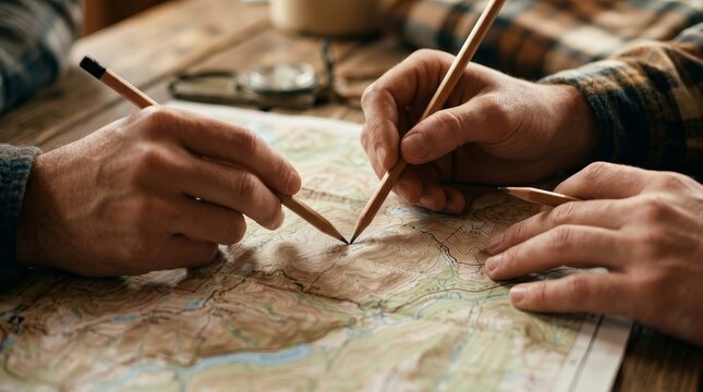 A pair of travelers using pencils to mark paths on a detailed topographical map.