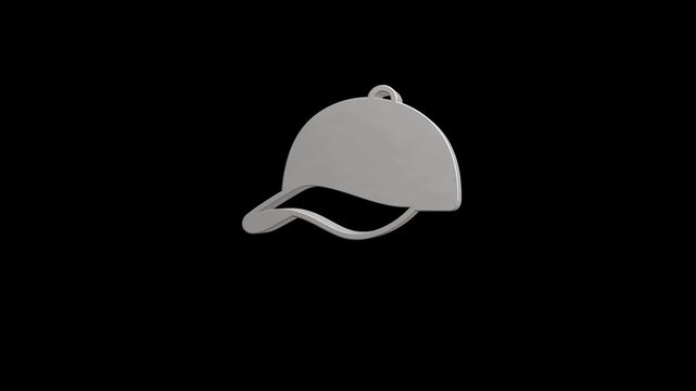 Silver baseball cap icon rotating on black background 3d animation.