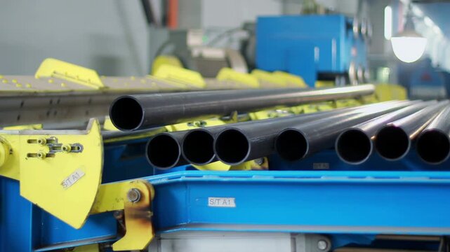 Rolled steel tubes conveyor factory. Close up pipe production line machinery.